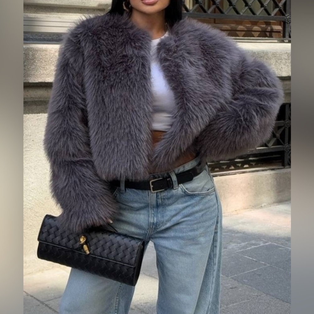 ZARA Gray Faux Fur Coat Jacket